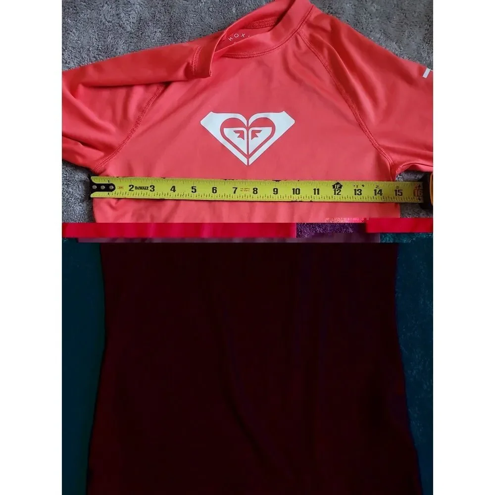 ROXY Long Sleeve Rash Guard Shirt Swim Surf.  Pink White Text Logo Size Girls M